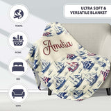 Vintage Sailing Ships Ocean Seamless Pattern Classic Nautical  Personalised Custom Name Super Soft Fleece Blanket Bed Sofa Throw