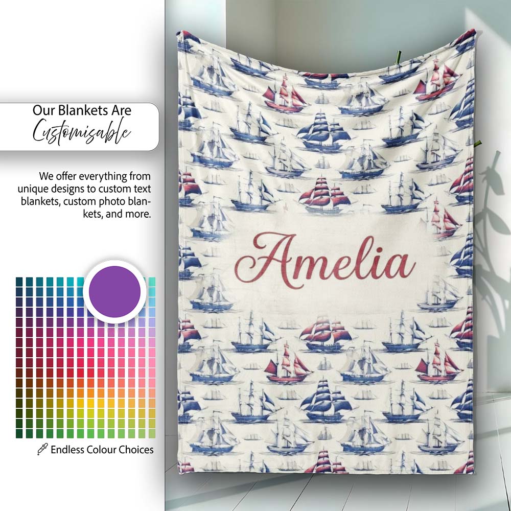 Vintage Sailing Ships Ocean Seamless Pattern Classic Nautical  Personalised Custom Name Super Soft Fleece Blanket Bed Sofa Throw