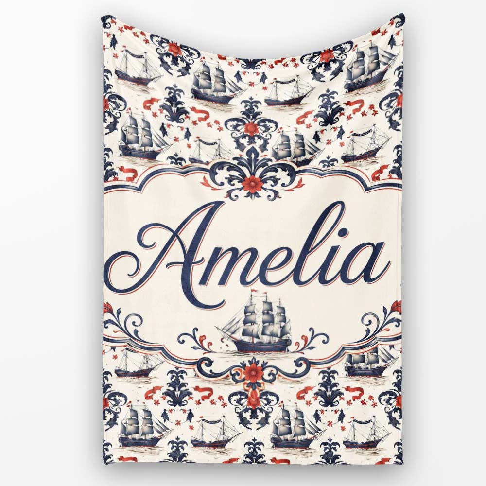 Elegant Nautical Ship Floral Seamless Pattern Vintage Marine  Personalised Custom Name Super Soft Fleece Blanket Bed Sofa Throw
