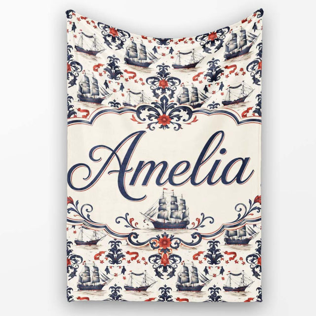 Elegant Nautical Ship Floral Seamless Pattern Vintage Marine  Personalised Custom Name Super Soft Fleece Blanket Bed Sofa Throw