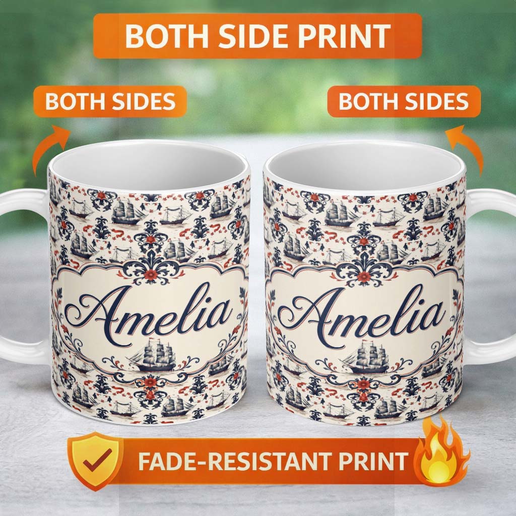 Personalized Custom Name Elegant Nautical Ship Floral Seamless Pattern Vintage Marine 11oz Ceramic Coffee Tea Mug White Large Handle