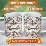 Personalized Custom Name Elegant Nautical Ship Floral Seamless Pattern Vintage Marine 11oz Ceramic Coffee Tea Mug White Large Handle