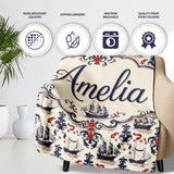 Elegant Nautical Ship Floral Seamless Pattern Vintage Marine  Personalised Custom Name Super Soft Fleece Blanket Bed Sofa Throw