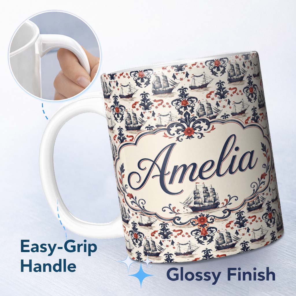Personalized Custom Name Elegant Nautical Ship Floral Seamless Pattern Vintage Marine 11oz Ceramic Coffee Tea Mug White Large Handle