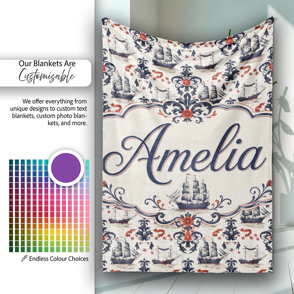 Elegant Nautical Ship Floral Seamless Pattern Vintage Marine  Personalised Custom Name Super Soft Fleece Blanket Bed Sofa Throw