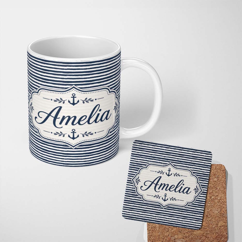 Personalized Custom Name Navy Blue White Stripe Seamless Pattern Classic Nautical Design 11oz Ceramic Coffee Tea Mug White Large Handle