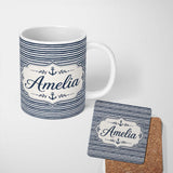 Personalized Custom Name Navy Blue White Stripe Seamless Pattern Classic Nautical Design 11oz Ceramic Coffee Tea Mug White Large Handle
