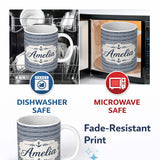 Personalized Custom Name Navy Blue White Stripe Seamless Pattern Classic Nautical Design 11oz Ceramic Coffee Tea Mug White Large Handle