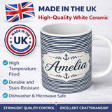 Personalized Custom Name Navy Blue White Stripe Seamless Pattern Classic Nautical Design 11oz Ceramic Coffee Tea Mug White Large Handle
