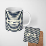 Personalized Custom Name Navy Cream Brush Stripe Seamless Pattern Modern Nautical Design 11oz Ceramic Coffee Tea Mug White Large Handle