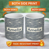 Personalized Custom Name Navy Cream Brush Stripe Seamless Pattern Modern Nautical Design 11oz Ceramic Coffee Tea Mug White Large Handle