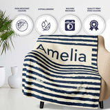 Navy Cream Brush Stripe Seamless Pattern Modern Nautical Design  Personalised Custom Name Super Soft Fleece Blanket Bed Sofa Throw