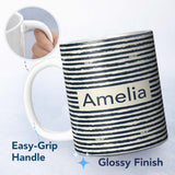 Personalized Custom Name Navy Cream Brush Stripe Seamless Pattern Modern Nautical Design 11oz Ceramic Coffee Tea Mug White Large Handle