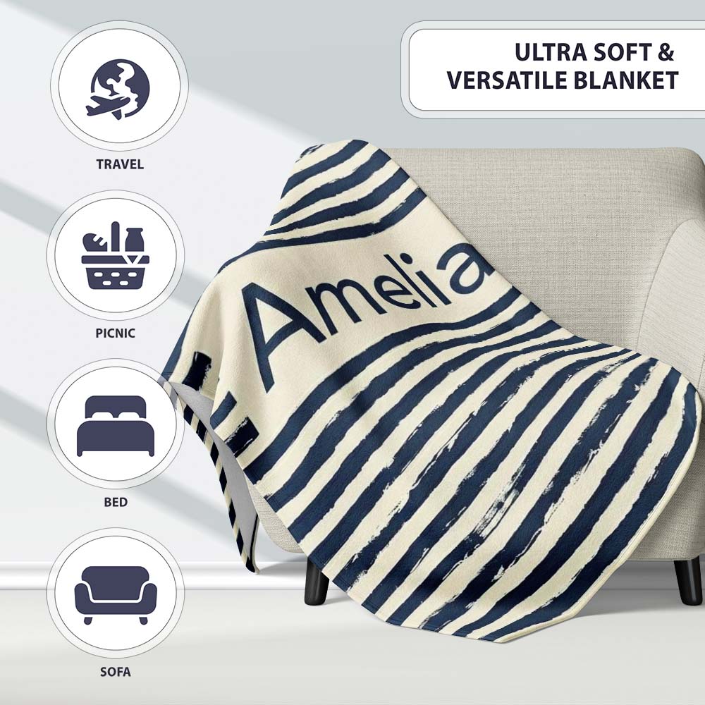 Navy Cream Brush Stripe Seamless Pattern Modern Nautical Design  Personalised Custom Name Super Soft Fleece Blanket Bed Sofa Throw