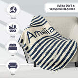 Navy Cream Brush Stripe Seamless Pattern Modern Nautical Design  Personalised Custom Name Super Soft Fleece Blanket Bed Sofa Throw