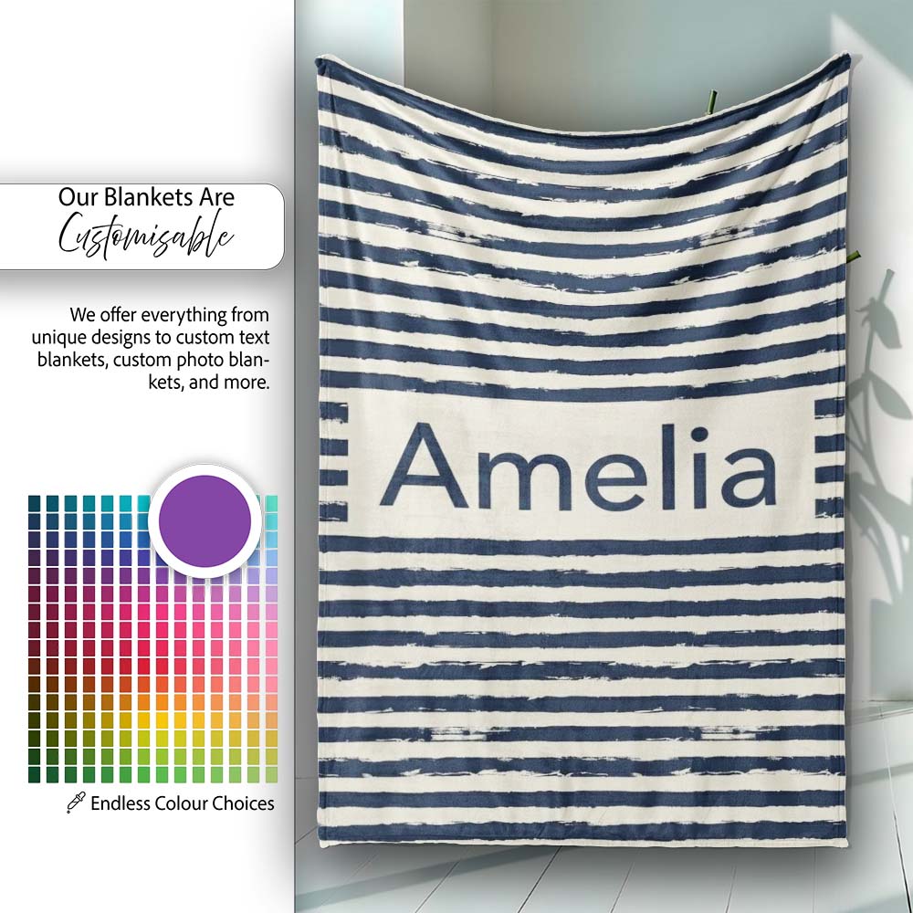 Navy Cream Brush Stripe Seamless Pattern Modern Nautical Design  Personalised Custom Name Super Soft Fleece Blanket Bed Sofa Throw