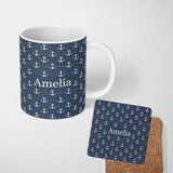 Personalized Custom Name Simple Anchor Star Navy Seamless Pattern Minimal Nautical Ocean 11oz Ceramic Coffee Tea Mug White Large Handle