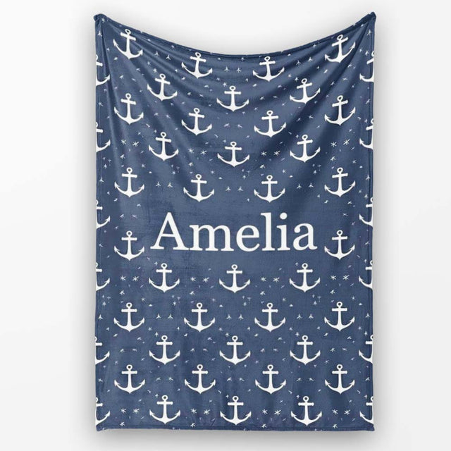Simple Anchor Star Navy Seamless Pattern Minimal Nautical Ocean  Personalised Custom Name Super Soft Fleece Blanket Bed Sofa Throw