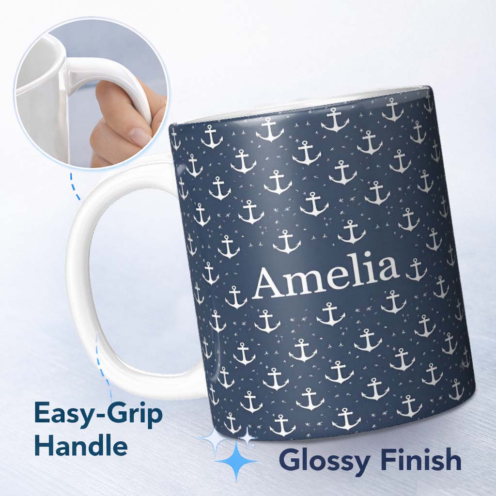 Personalized Custom Name Simple Anchor Star Navy Seamless Pattern Minimal Nautical Ocean 11oz Ceramic Coffee Tea Mug White Large Handle