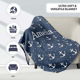 Simple Anchor Star Navy Seamless Pattern Minimal Nautical Ocean  Personalised Custom Name Super Soft Fleece Blanket Bed Sofa Throw