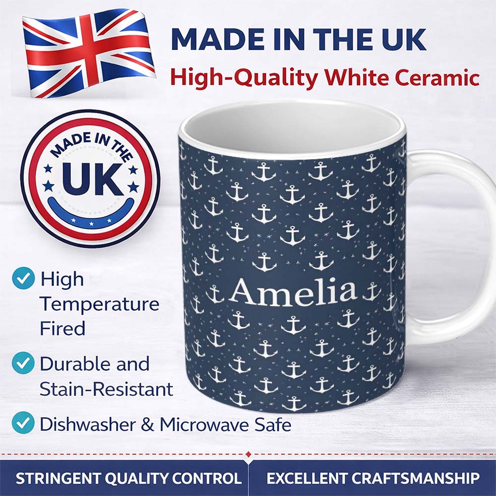 Personalized Custom Name Simple Anchor Star Navy Seamless Pattern Minimal Nautical Ocean 11oz Ceramic Coffee Tea Mug White Large Handle