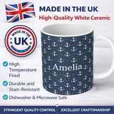 Personalized Custom Name Simple Anchor Star Navy Seamless Pattern Minimal Nautical Ocean 11oz Ceramic Coffee Tea Mug White Large Handle