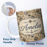 Personalized Custom Name Vintage Compass Map Seamless Pattern Antique Nautical Navigation 11oz Ceramic Coffee Tea Mug White Large Handle