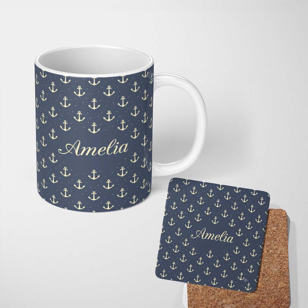 Personalized Custom Name Classic Anchor Navy Seamless Pattern Minimal Nautical Marine Theme 11oz Ceramic Coffee Tea Mug White Large Handle