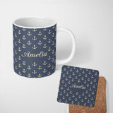 Personalized Custom Name Classic Anchor Navy Seamless Pattern Minimal Nautical Marine Theme 11oz Ceramic Coffee Tea Mug White Large Handle