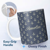 Personalized Custom Name Classic Anchor Navy Seamless Pattern Minimal Nautical Marine Theme 11oz Ceramic Coffee Tea Mug White Large Handle