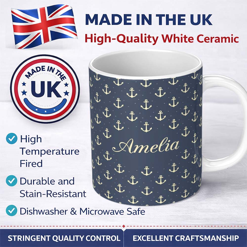 Personalized Custom Name Classic Anchor Navy Seamless Pattern Minimal Nautical Marine Theme 11oz Ceramic Coffee Tea Mug White Large Handle