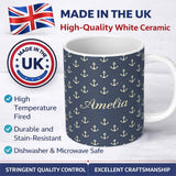 Personalized Custom Name Classic Anchor Navy Seamless Pattern Minimal Nautical Marine Theme 11oz Ceramic Coffee Tea Mug White Large Handle