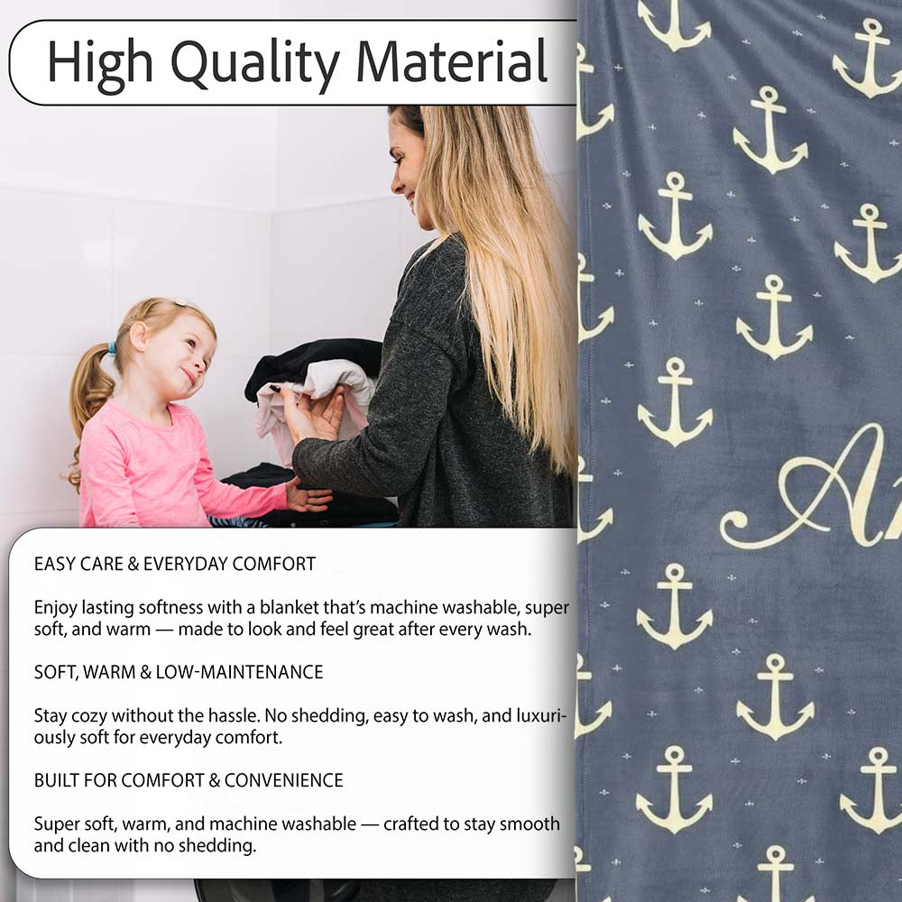 Classic Anchor Navy Seamless Pattern Minimal Nautical Marine Theme  Personalised Custom Name Super Soft Fleece Blanket Bed Sofa Throw