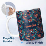 Personalized Custom Name Colorful Coral Reef Tropical Fish Seamless Pattern Ocean Marine 11oz Ceramic Coffee Tea Mug White Large Handle