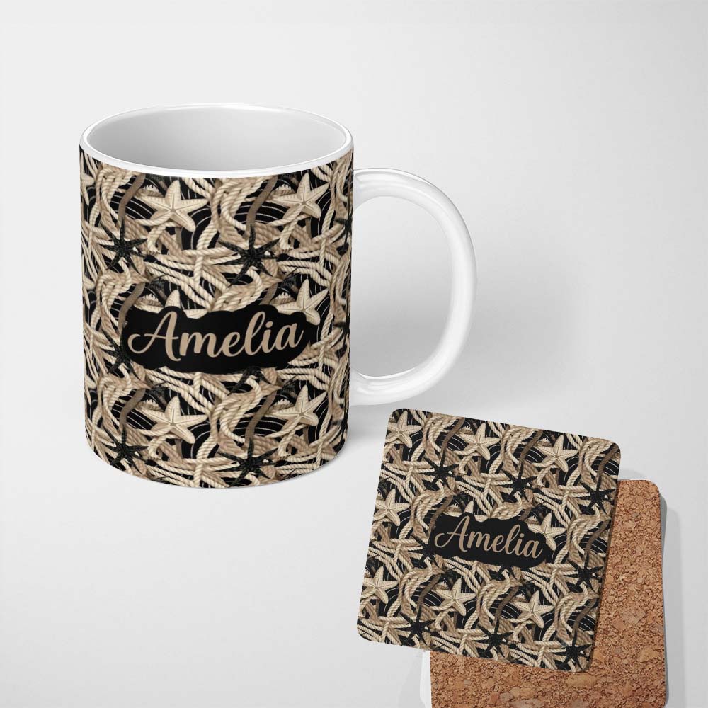 Personalized Custom Name Nautical Rope Starfish Net Seamless Pattern Coastal Beach Marine 11oz Ceramic Coffee Tea Mug White Large Handle