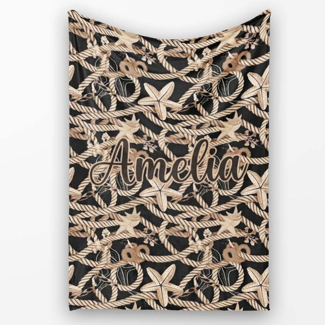 Vintage Nautical Rope Starfish Seamless Pattern Coastal Marine Net  Personalised Custom Name Super Soft Fleece Blanket Bed Sofa Throw
