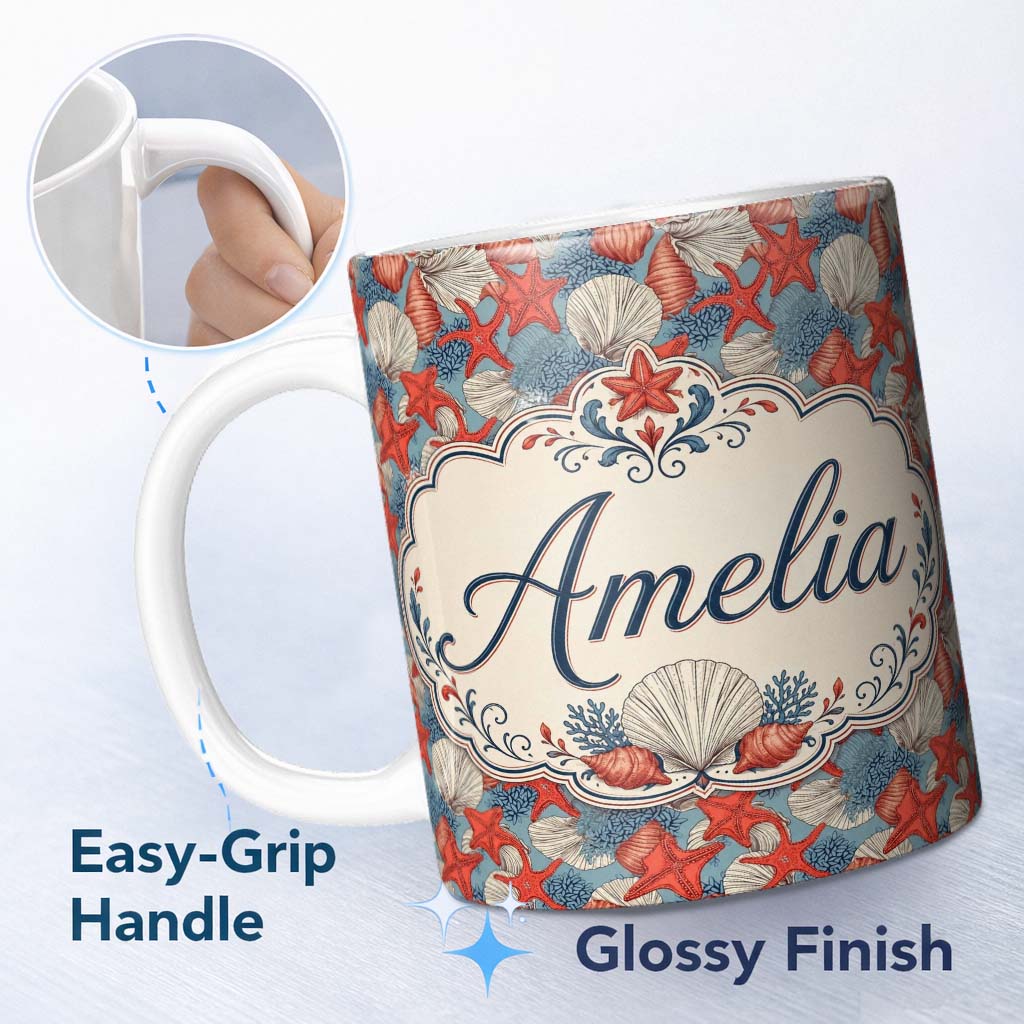 Personalized Custom Name Seashell Starfish Ocean Seamless Pattern Coastal Beach Marine Life 11oz Ceramic Coffee Tea Mug White Large Handle