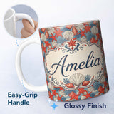Personalized Custom Name Seashell Starfish Ocean Seamless Pattern Coastal Beach Marine Life 11oz Ceramic Coffee Tea Mug White Large Handle