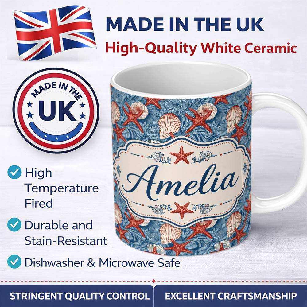Personalized Custom Name Vintage Seashell Starfish Ocean Seamless Pattern Coastal Marine 11oz Ceramic Coffee Tea Mug White Large Handle