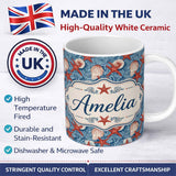 Personalized Custom Name Vintage Seashell Starfish Ocean Seamless Pattern Coastal Marine 11oz Ceramic Coffee Tea Mug White Large Handle