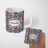 Personalized Custom Name Classic Seashell Starfish Navy Seamless Pattern Coastal Ocean 11oz Ceramic Coffee Tea Mug White Large Handle