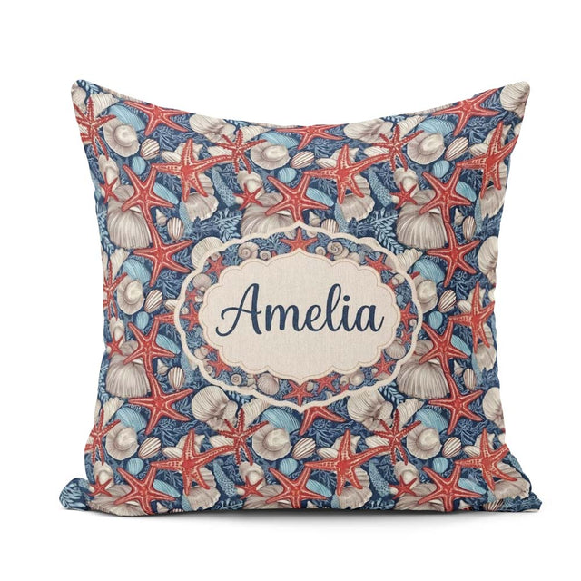 Custom Name Classic Seashell Starfish Navy Pattern Coastal Ocean Square Filled Cushion Throw Pillow Sofa Bed Home Decor Zip Washable UK Made