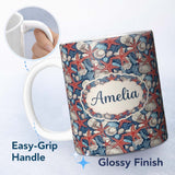 Personalized Custom Name Classic Seashell Starfish Navy Seamless Pattern Coastal Ocean 11oz Ceramic Coffee Tea Mug White Large Handle