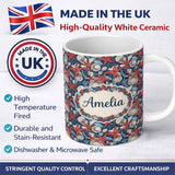 Personalized Custom Name Classic Seashell Starfish Navy Seamless Pattern Coastal Ocean 11oz Ceramic Coffee Tea Mug White Large Handle