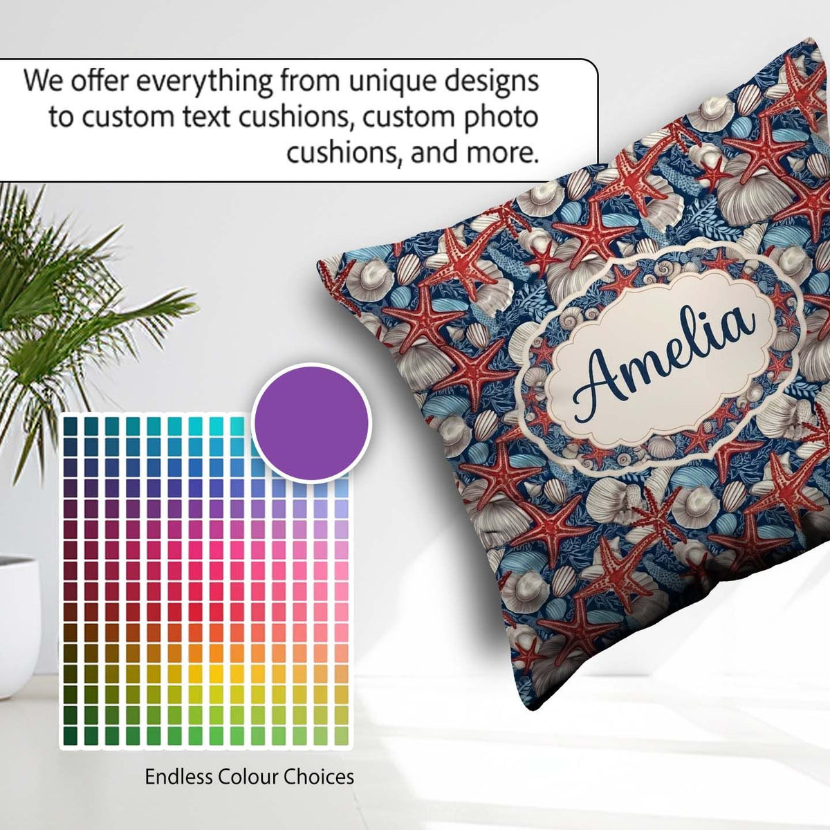 Custom Name Classic Seashell Starfish Navy Pattern Coastal Ocean Square Filled Cushion Throw Pillow Sofa Bed Home Decor Zip Washable UK Made
