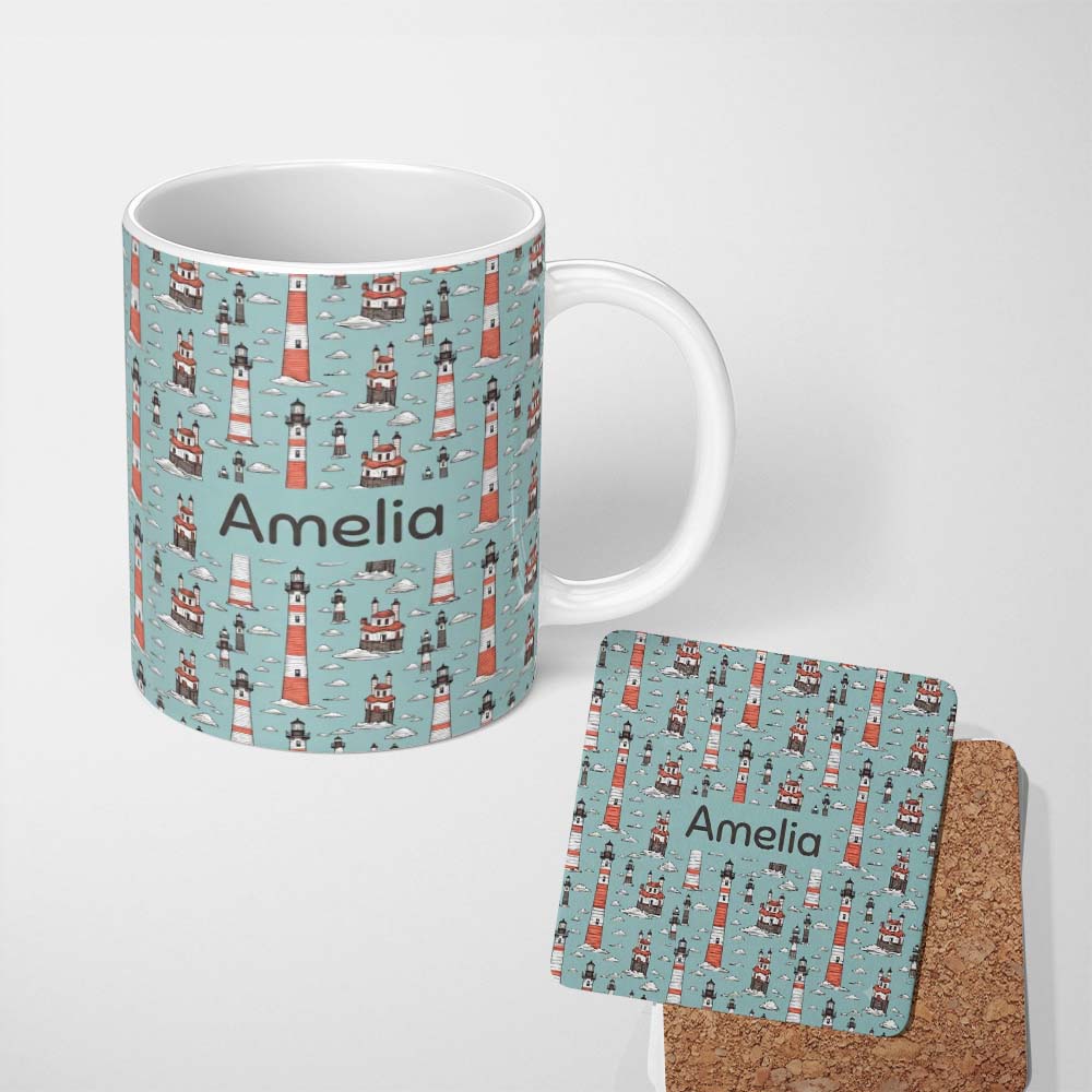 Personalized Custom Name Whimsical Lighthouse Cloud Sky Seamless Pattern Nautical Coastal 11oz Ceramic Coffee Tea Mug White Large Handle