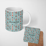 Personalized Custom Name Whimsical Lighthouse Cloud Sky Seamless Pattern Nautical Coastal 11oz Ceramic Coffee Tea Mug White Large Handle