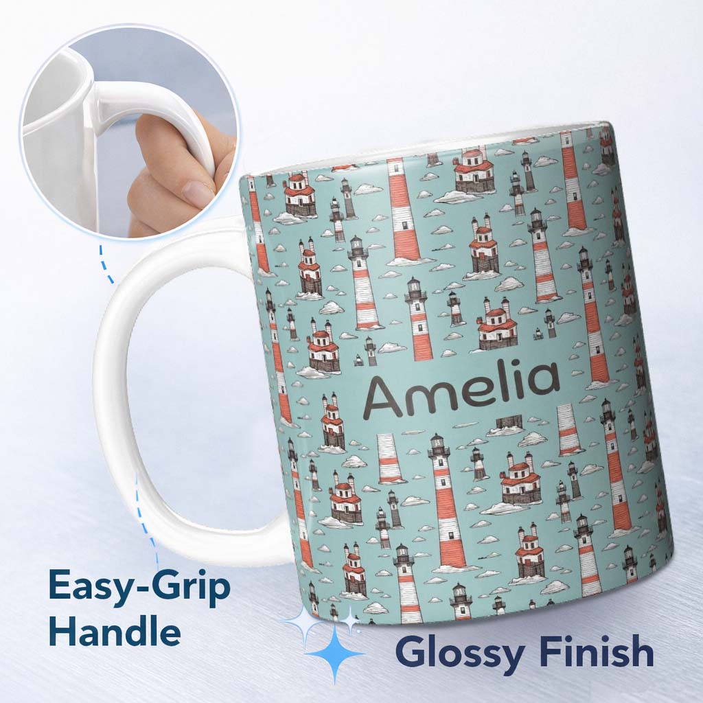 Personalized Custom Name Whimsical Lighthouse Cloud Sky Seamless Pattern Nautical Coastal 11oz Ceramic Coffee Tea Mug White Large Handle