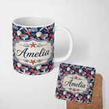 Personalized Custom Name Vintage Starfish Seashell Ocean Coastal Marine Life Seamless 11oz Ceramic Coffee Tea Mug White Large Handle