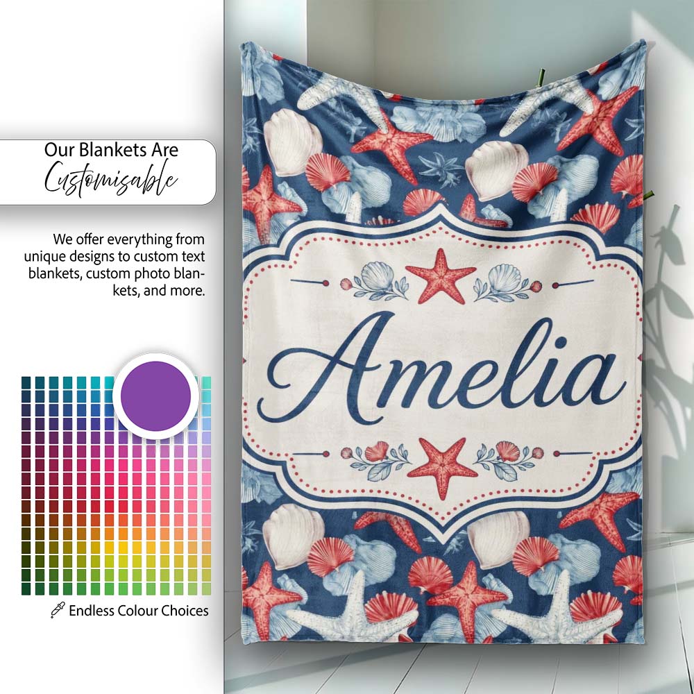 Vintage Starfish Seashell Ocean Coastal Marine Life Seamless  Personalised Custom Name Super Soft Fleece Blanket Bed Sofa Throw